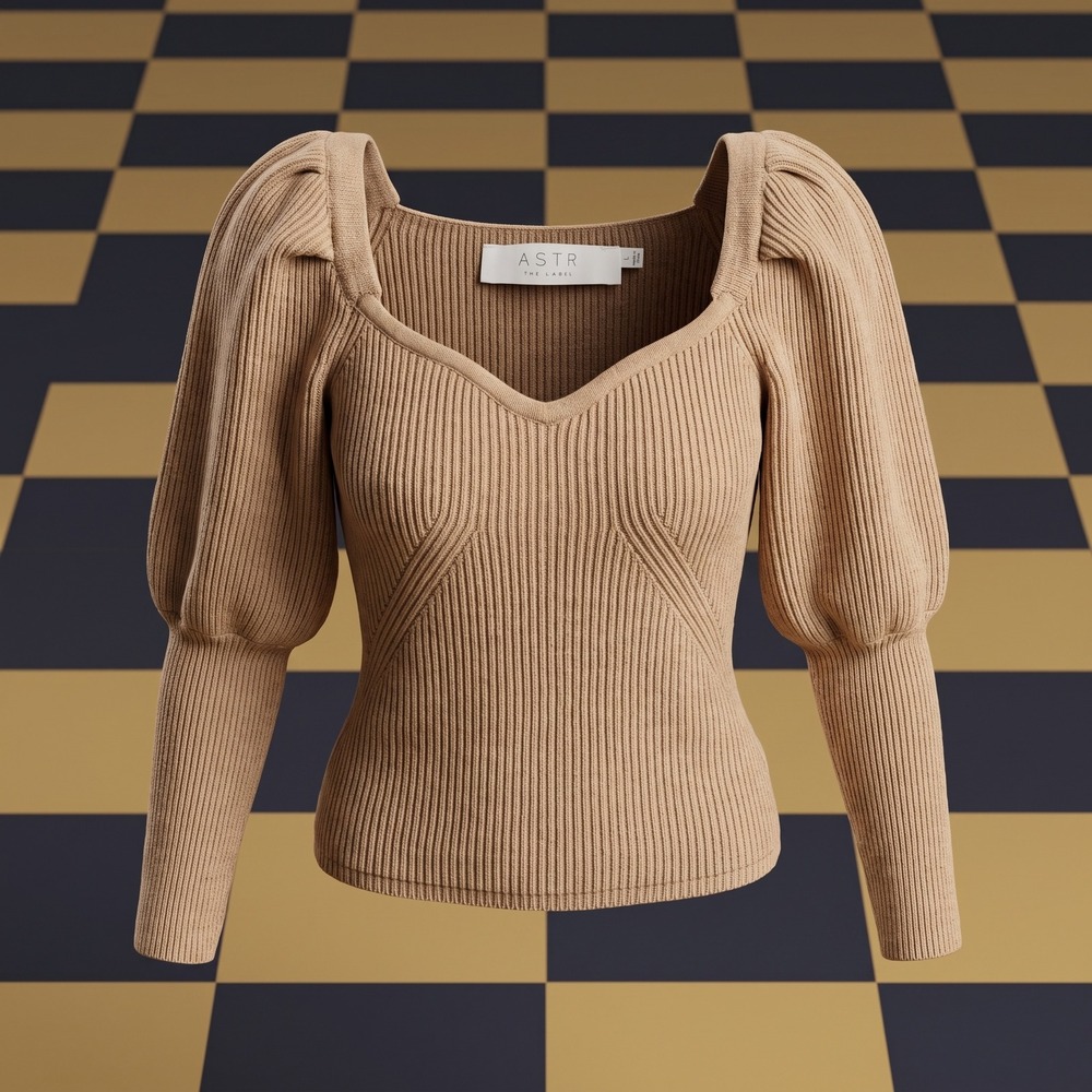 ASTR The Label Esma Ribbed Sweetheart Puff Sleeve Sweater Top Cafe Latte Women L
